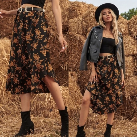 Boho Red Black Ruffle Button Midi Skirt - Picture 3 of 6